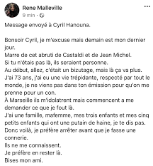 Mais les joueurs, vous avez été honteux » a lancé rené malleville, qui attend avec fébrilité la réception de rennes en ligue 1 pour la première de jorge sampaoli. Rene Malleville Ø¯Ø± ØªÙˆÛŒÛŒØªØ± Message A Cyrilhanouna Demain Est Mon Dernier Jour