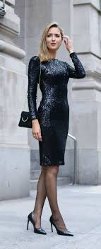 Black Sequined Lbd With Long Sleeves Knee Length And V Back Perfect For Holiday Parties New Year S Eve Or Any Speci Sequin Cocktail Dress Fashion Dresses