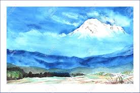Watercolor Hand Painted Fantasy Landscape With Clouds Snow Capped Stock Photo Picture And Royalty Free Image Image 75716551