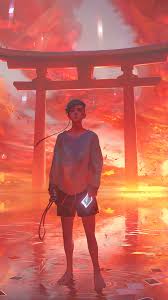 Perfect screen background display for desktop, iphone, pc, laptop, computer, android phone, smartphone, imac, macbook, tablet, mobile device. Anime Boy Sunset Gate Shrine 4k Wallpaper 6 998