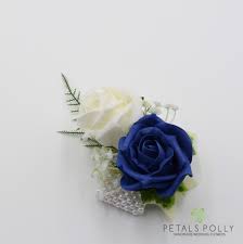 Navy blue roses artificial flowers. Navy Blue Ivory Foam Rose Wrist Corsage With Crystals Ivy And Greenery