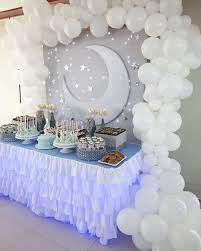 Crescent Moon Baby Shower Theme In Light Blue Silver Dessert Table Inspiration Thank U Ms Cand Unique Baby Shower Themes Baby Shower Themes Moon Baby Shower