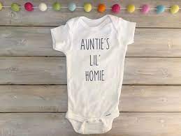 Aunties Little Homie Baby Onesie Funny Baby Shower Gift Cute Etsy In 2021 Funny Baby Shower Gifts Baby Shower Funny Cute Baby Shower Gifts