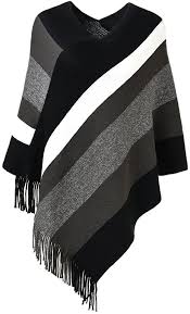 Winter women knitted cashmere shawl and poncho with leather fringe product details name winter women knitted cashmere shawl and poncho with leather fringe style no. Ferand Women S Elegant Knitted Poncho Top With Stripe Patterns And Fringed Sides Black Grey At Amazon Women S Clothing Store