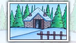 How To Draw Snowfall Scenery Step By Step Winter Season Scenery Drawing Drawings Winter Season Snowfall