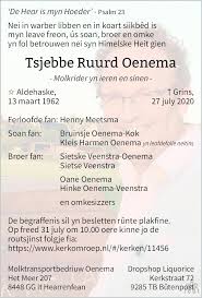 Hét nieuws uit drenthe en groningen vind je op onze facebookpagina, dvhn.nl en. Tsjebbe Ruurd Oenema 27 07 2020 Overlijdensbericht En Condoleances Mensenlinq Nl