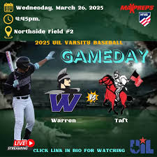 📢 GAMEDAY 📢 🔥 2025 UIL Varsity Baseball 🔥 ⚾ Warren 🆚 Taft 🗓  Wednesday, March 26, 2025 TH, 2025 ⏰ 4:45pm. 📍 @ Northside Field #2 🎟  Click the link in bio to purchase tickets! ✨ Dont Forget to like,share &  Follow ‼️ Lets go !!