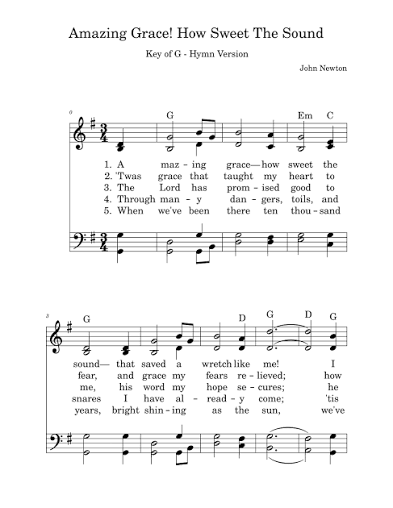 Amazing Grace - Key of G - HYMN BOOK VERSION - LARGE PRINT by John Newton  Sheet Music for Piano Chords/Lyrics (arr. Large Print Sheet Music) at Sheet  Music Direct