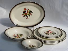 Dinnerware, homestead provincial poppytrail, collectible dinnerware, vintage poppytrail, vintage vintage metlox poppytrail matilija dishes white poppy dinner salad dessert plate vegetable bowl. Red Rooster Vintage Metlox Poppy Trail Pottery Dishes Lot