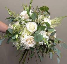 Bride S Bouquet With Roses Stock Lisianthus Astilbe And Eucalyptus Weddings Blumen Co Bride Bouquets White Carnation Bridal Bouquet White Hydrangea Bouquet