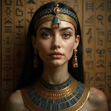 A close-up shot of a woman wearing a blue and gold necklace and headband.