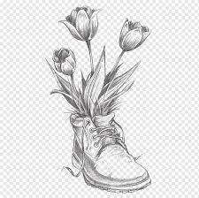 This clipart set includes 9 hand painted, high resolution watercolor clipart elements: Flowers In Boot Illustration Drawing Flower Tulip Pencil Sketch Tulip Watercolor Painting White Monochrome Png Pngwing