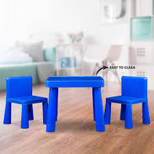 The furniture set includes one table and four chairs. Kids Table Chair Play Furniture Set Plastic Fountain Activity Dining Chairs