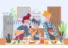 Mere Et Fils Cuisson Personnes Cartoon Illustration Personnages Sur Fond Blanc La Friture Pour Jeunes Parents Escalopes Et Enfant Avec Un Fouet La Preparation D Un Repas T Image Vectorielle Stock