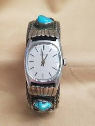 Jerry Roan Navajo Sterling Silver Turquoise & Coral Watch Bracelet w/Timex  Watch
