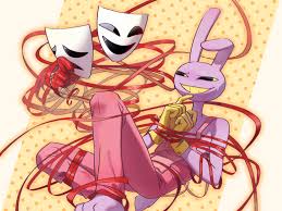 gangle (the amazing digital circus), jax (the amazing digital circus), the  amazing digital circus, 1boy, 1girl, barefoot, daydreamfalcon, furry, furry  male, gloves, mask, overalls, purple fur, rabbit, red ribbon, ribbon,  smile, sweatdrop,