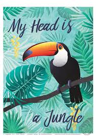 Tropical Bird With Hair On Head Affiche Toucan Poster Tropical Illustration Jungle Exotique Dessin Oiseau Plante Monstera Idee Cadeau Art Mural Decoration Maison Toucan Illustration Toucan Images Jungle Illustration