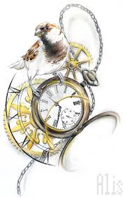 Bird Clock And Rose Tattoo Bird On Clock Tattoo Design Clock Tattoo Design Clock Tattoo Time Piece Tattoo