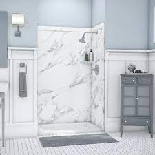 The heavy veining contrasts dramatically with the crisp white background in these floor tiles and shower slab. Flexstone Elegance 36 In X 48 In X 80 In 9 Piece Easy Up Adhesive Alcove Shower Wall Surround In Calacatta White Ssk48367831cw The Home Depot