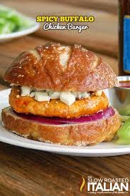 Spicy Chicken Buffalo Chicken Burger Recipe Is The Fusion Of Hot Buffalo Wings And A Bur Chicken Burgers Buffalo Chicken Burgers Buffalo Chicken Burgers Recipe