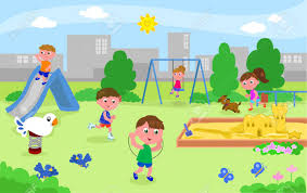 Cartoons in english for kids to let children enjoy and learn english. Five Children And A Dog Playing At The Park Vector Illustration Royalty Free Cliparts Vectors And Stock Illustration Image 80708036