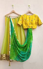 Green Pure Georgette Bandhej Dupatta Yellow Lehenga Bandhani Dress Lehenga Designs