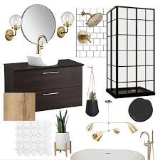 Cabinets are pure white, light fixtures are black/champagne, cabinet pulls are champagne, appliances are cafe matte white with brushed bronze. One Room Challenge Week One Modern Bathroom Design Love Create Celebrate