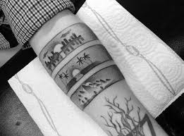 An absolutely fitting tribute to the city that never sleeps, a skyline that is definitely popular and distinctly identifiable by its landmarks. 70 City Skyline Tattoo Designs For Men Downtown Ink Ideas