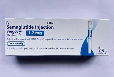 Wegovy 1.7 mg pre-filled injection packaging, AI generated
