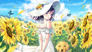 During the musical play, rosa and nina give a spectacular performance in a forest background, but rosa trips on a staircase and changes back to liones. Anime Girl Summer Dress Dog Sunflower Field Hat Anime Girl Summer Dress 1920x1080 Wallpaper Teahub Io