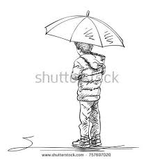 Vector Sketch Of Boy Standing Under Umbrella Hand Drawn Illustration With Hatched Shades Isolated On Whit Human Figure Sketches Vector Sketch Figure Sketching
