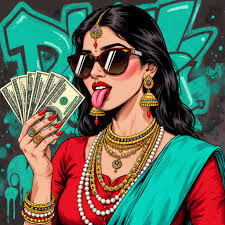 and a chunky bracelet her makeup is warm with a berry toned lip Prompts