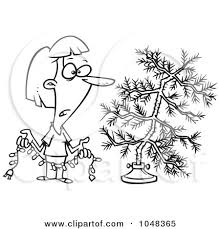 Royalty Free Rf Clip Art Illustration Of A Cartoon Black And White Outline Design Of A Woman Decorating A Sparse Xmas Tree By Toonaday 1048365