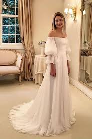 Vintage Off Shoulder Long Trumpet Sleeves Bridal Gown Long Chiffon Wedding Dress In 2020 A Line Wedding Dress Wedding Dress Chiffon Beach Bridesmaid Dresses