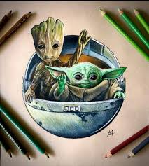 A miniature figure of baby groot does the real groot justice, showing his cute features and soft smile. Baby Yoda And Baby Groot Star Wars Drawings Star Wars Art Star Wars Art Drawings