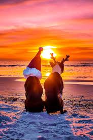 Smiling sandy snowman with red santa hat on the caribbean beach. Merry Christmas 2015 Happy Holidays From The Beach At Sunset