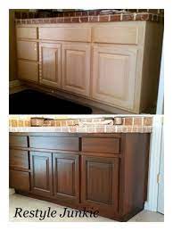 Pickled cabinets are typically done on oak, ash, or woods with an open grain. Before And After Restyle Of Light Pickled Oak Bathroom Vanity Cabinets Were Transformed Staining Cabinets Gel Stain Kitchen Cabinets Stained Kitchen Cabinets