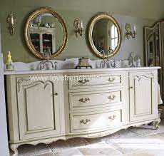 A stunning bathroom standing sink unit, this vanity unit is a reproduction with elegant shape and pattern detail. Bespoke Large Double Bowl Sink Vanity Unit And Two Mirrors