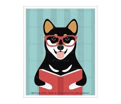 714d Dog Art Prints Black And Tan Shiba Inu Dog Reading Book Etsy Dog Art Book Wall Art Art Prints
