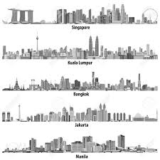 Black And White Vector Palette Abstract Vector Illustrations Of Asian Cities Singapore Kuala Lumpur Bangkok Jakarta And Manila Skylines In Black And White Color Palette Arsitektur Siluet