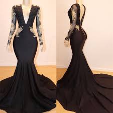 2019 V Neck Long Sleeve Black Prom Dresses Gold Lace Appliques Evening Party Dresses From Mychicdress Black Long Sleeve Prom Dress Black Prom Dresses Prom Dresses