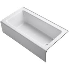 Alcove cast iron bathtubs are usually 60 inches long, hold 32 gallons of water, and weigh 320 pounds on average. Kohler K 876 0 White Bellwether Collection 60 Three Wall Alcove Cast Iron Soaking Bath Tub With Integral Apron And Right Hand Drain Faucetdirect Com