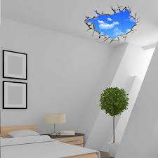 The tray ceiling of the bedroom gets painted in white and deep brown. New 3d Crack Blue Sky White Cloud Ceiling Decor Wall Sticker Mural Pvc Bedroom Diy Wall Stickers Aliexpress