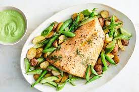 Green Goddess Salmon With Potatoes And Snap Peas Recipe Recipe Salmon Potato Snap Peas Recipe Pea Recipes