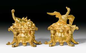 C1720 40 Pair Of Fireplace Chenets Au Salamandre Et Aigle Regence Louis Xv The Model Attributed To C Cressent Charles Cressent Halbedelsteine Bronze Und Juwelen