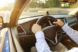 Car Interior with Male Driver Sitting Behind the Wheel, Soft Sunset Light.  Luxurious Vehicle Dashboard and Electronics. Stock Image - Image of change,  business: 116336727