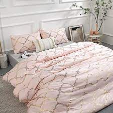 Nikki chu reversible brushed velvet down alternative twin blanket in rose gold. Amazon Com Smoofy Blush Metallic Print Bling Geometric Design Comforter Set 3pcs Moroccan Pattern Mermaid Luxurious Pink Rose Gold Full Bedding Set Queen Size 1 Comforter 2 Pillowcases Kitchen Dining