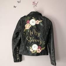 Custom Bridal Leather Jacket Painting Blush And Pink Florals Etsy Leather Jacket Wedding Bridal Jacket Wedding Jacket