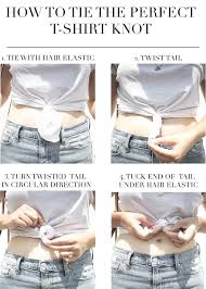 Too Polished A Simple Summer Look How To Tie The Perfect T Shirt Knot Knotted Shirt Outfit Shirt Outfit Summer Tie Shirt Knot