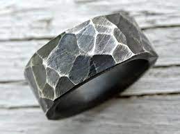 Chunky Mens Wedding Band Black Silver Ring Mens Woodland Wedding Ring Forged Mens Wedding Ring Silver Mens Engagement Band Gift For Him Mens Wedding Bands Mens Wedding Bands Unique Mens Wedding